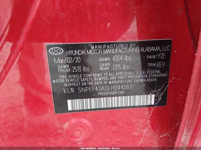 2020 Hyundai Sonata Sel მანქანა იყიდება აუქციონზე, vin: 5NPEF4JA0LH044283, აუქციონის ნომერი: 46090940