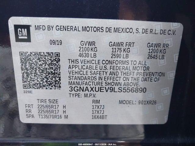 Aukcja sprzedaży 2020 Chevrolet Equinox Awd Lt 1.5l Turbo, vin: 3GNAXUEV9LS556890, numer aukcji: 46090947