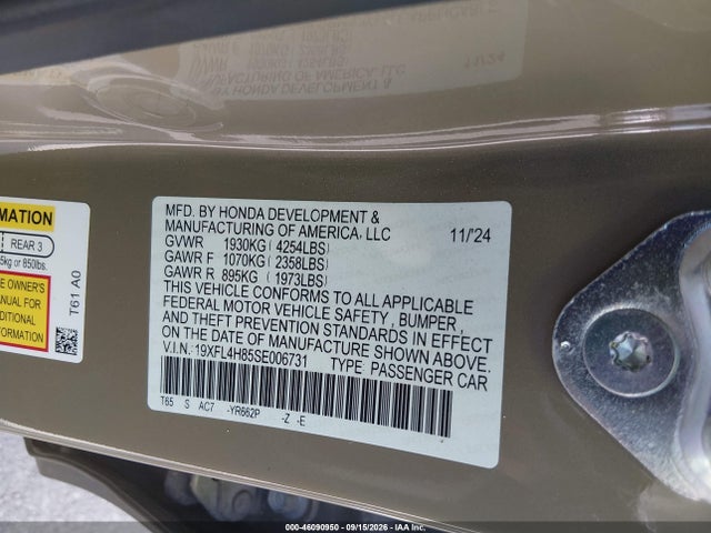 2025 Honda Civic Hybrid Sport მანქანა იყიდება აუქციონზე, vin: 19XFL4H85SE006731, აუქციონის ნომერი: 46090950