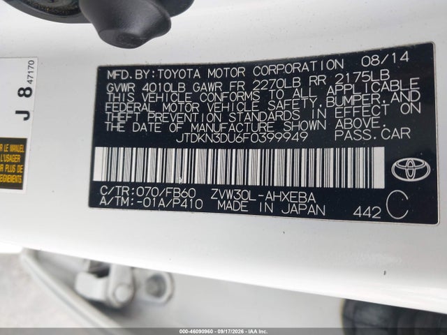 Toyota Prius Two 2015 JTDKN3DU6F0399949 Image 9
