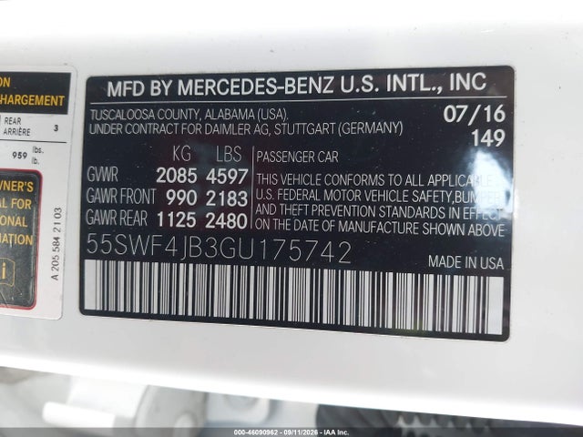 2016 Mercedes-benz C 300 Sport მანქანა იყიდება აუქციონზე, vin: 55SWF4JB3GU175742, აუქციონის ნომერი: 46090962