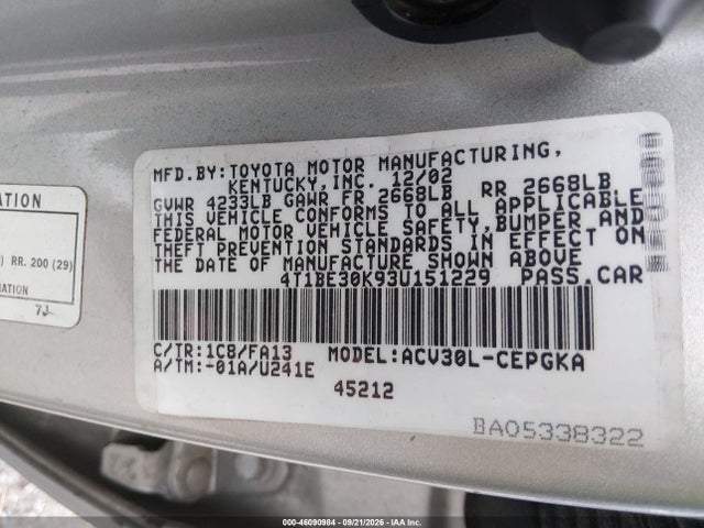 46090984 :رقم المزاد ، 4T1BE30K93U151229 vin ، 2003 Toyota Camry Xle مزاد بيع