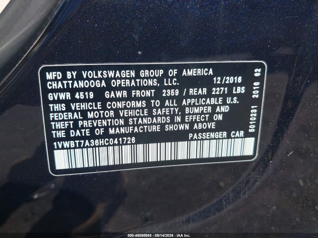 Продаж на аукціоні авто 2017 Volkswagen Passat 1.8t Se, vin: 1VWBT7A36HC041726, номер лоту: 46090985