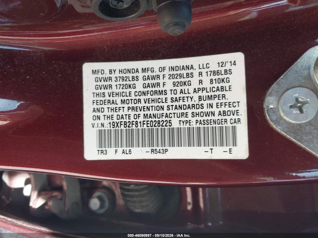 Продаж на аукціоні авто 2015 Honda Civic Ex, vin: 19XFB2F81FE028225, номер лоту: 46090997