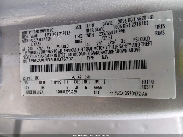 Aukcja sprzedaży 2018 Ford Escape Sel, vin: 1FMCU0HD5JUB76797, numer aukcji: 46091004