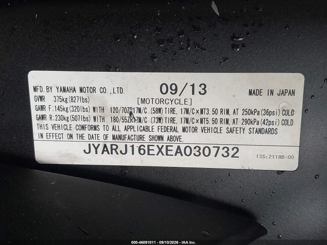 Aukcja sprzedaży 2014 Yamaha Yzfr6, vin: JYARJ16EXEA030732, numer aukcji: 46091011