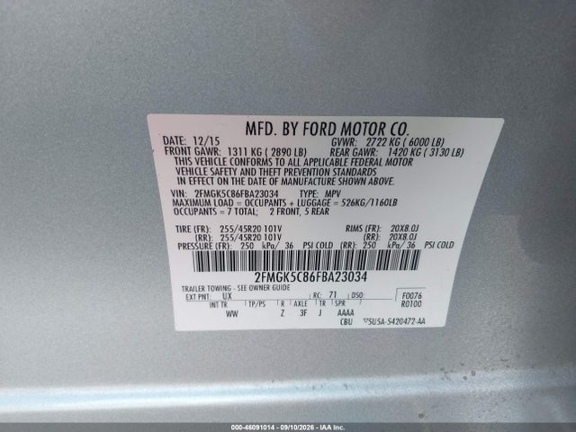 46091014 :رقم المزاد ، 2FMGK5C86FBA23034 vin ، 2015 Ford Flex Sel مزاد بيع