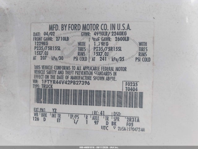 2002 Ford Ranger Edge/tremor/xlt მანქანა იყიდება აუქციონზე, vin: 1FTYR44V42PB27396, აუქციონის ნომერი: 46091016