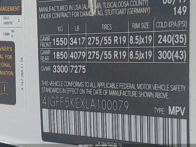 46091031 :رقم المزاد ، 4JGFF5KEXLA100079 vin ، 2020 Mercedes-benz Gls 450 4matic مزاد بيع