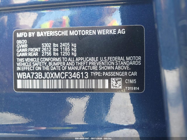 Продаж на аукціоні авто 2021 Bmw 540i Xdrive, vin: WBA73BJ0XMCF34613, номер лоту: 46091047