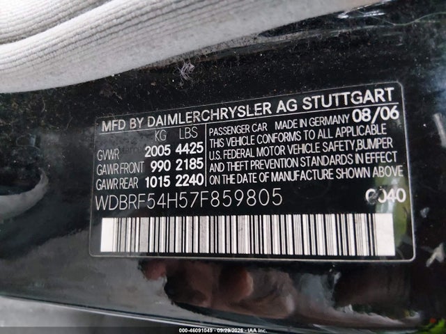 Aukcja sprzedaży 2007 Mercedes-benz C 280 Luxury, vin: WDBRF54H57F859805, numer aukcji: 46091049