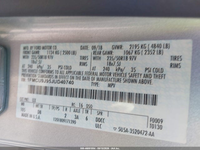 Продажа на аукционе авто 2018 Ford Escape Titanium, vin: 1FMCU9J95JUD40740, номер лота: 46091054