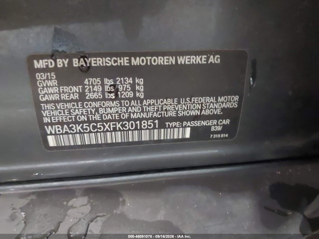 2015 Bmw 328d Xdrive მანქანა იყიდება აუქციონზე, vin: WBA3K5C5XFK301851, აუქციონის ნომერი: 46091078
