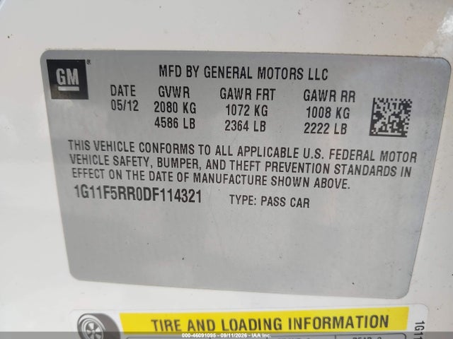 2013 Chevrolet Malibu Eco Premium Audio მანქანა იყიდება აუქციონზე, vin: 1G11F5RR0DF114321, აუქციონის ნომერი: 46091095