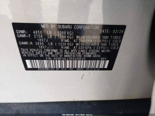 Продаж на аукціоні авто 2024 Subaru Outback Onyx Edition, vin: 4S4BTALC2R3249533, номер лоту: 46091096