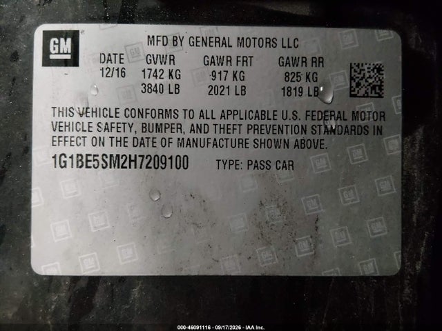 46091116 :رقم المزاد ، 1G1BE5SM2H7209100 vin ، 2017 Chevrolet Cruze Lt Auto مزاد بيع