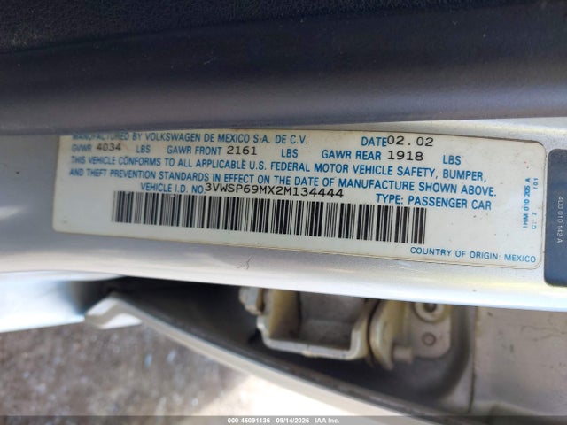 46091136 :رقم المزاد ، 3VWSP69MX2M134444 vin ، 2002 Volkswagen Jetta Gls Tdi مزاد بيع