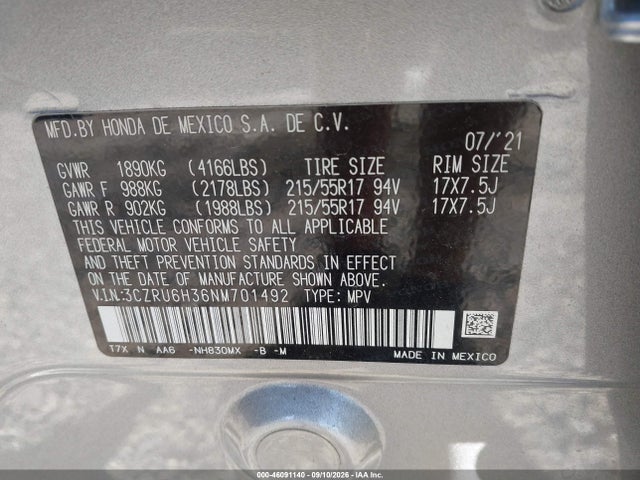 Продаж на аукціоні авто 2022 Honda Hr-v Awd Lx, vin: 3CZRU6H36NM701492, номер лоту: 46091140