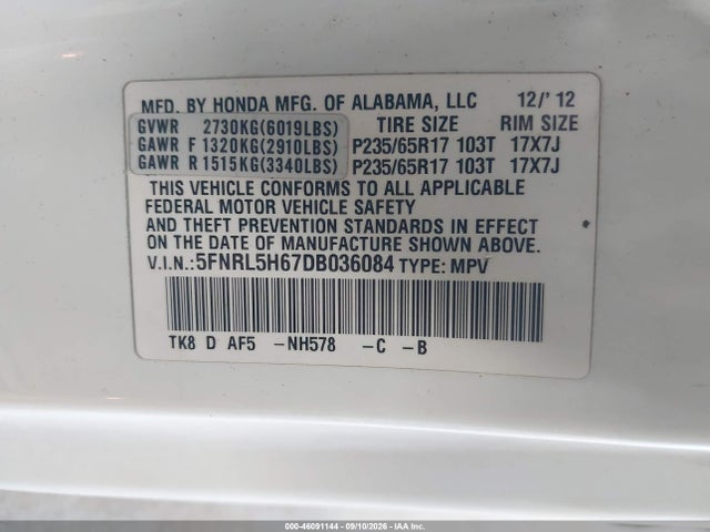 Aukcja sprzedaży 2013 Honda Odyssey Ex-l, vin: 5FNRL5H67DB036084, numer aukcji: 46091144