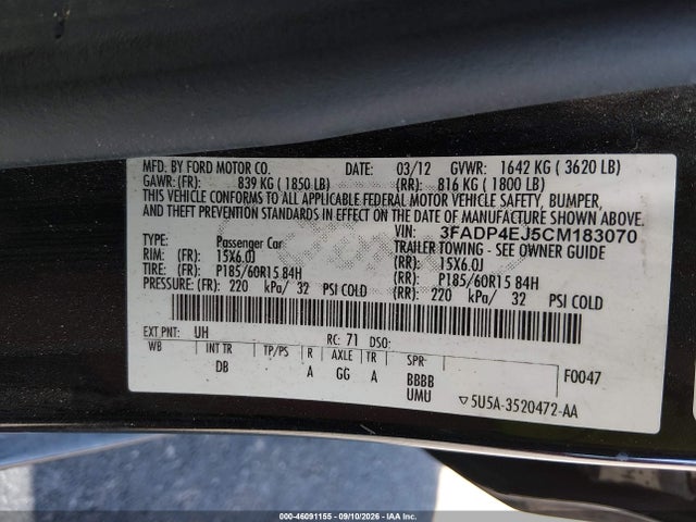 Продаж на аукціоні авто 2012 Ford Fiesta Se, vin: 3FADP4EJ5CM183070, номер лоту: 46091155