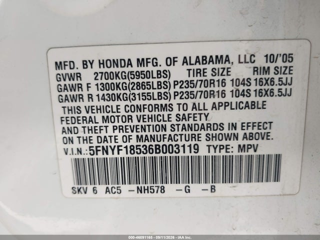 Продажа на аукционе авто 2006 Honda Pilot Ex-l, vin: 5FNYF18536B003119, номер лота: 46091165