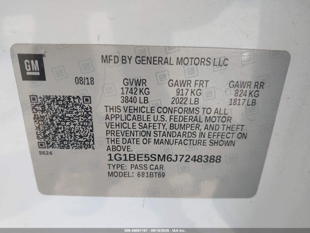 Продажа на аукционе авто 2018 Chevrolet Cruze Lt Auto, vin: 1G1BE5SM6J7248388, номер лота: 46091167
