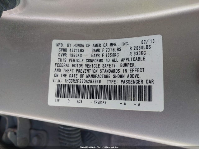 2013 Honda Accord Sport მანქანა იყიდება აუქციონზე, vin: 1HGCR2F58DA263646, აუქციონის ნომერი: 46091168