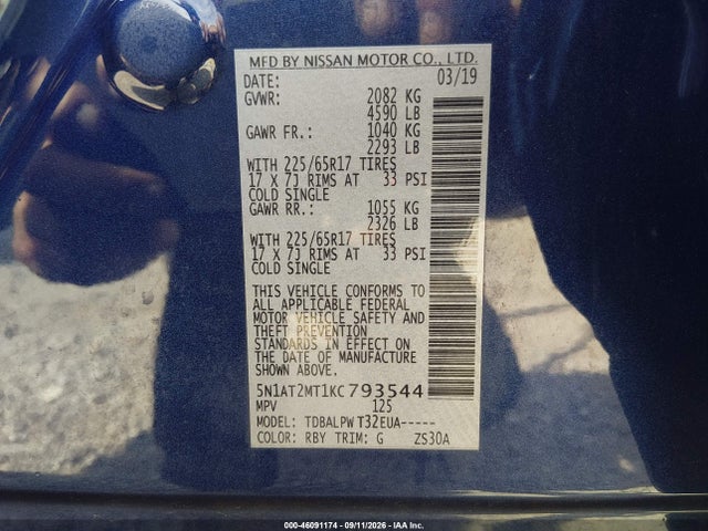 46091174 :رقم المزاد ، 5N1AT2MT1KC793544 vin ، 2019 Nissan Rogue S/sl/sv مزاد بيع