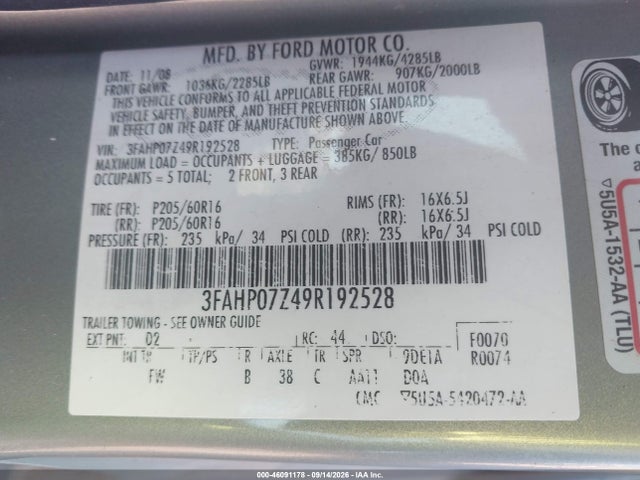46091178 :رقم المزاد ، 3FAHP07Z49R192528 vin ، 2009 Ford Fusion Se مزاد بيع