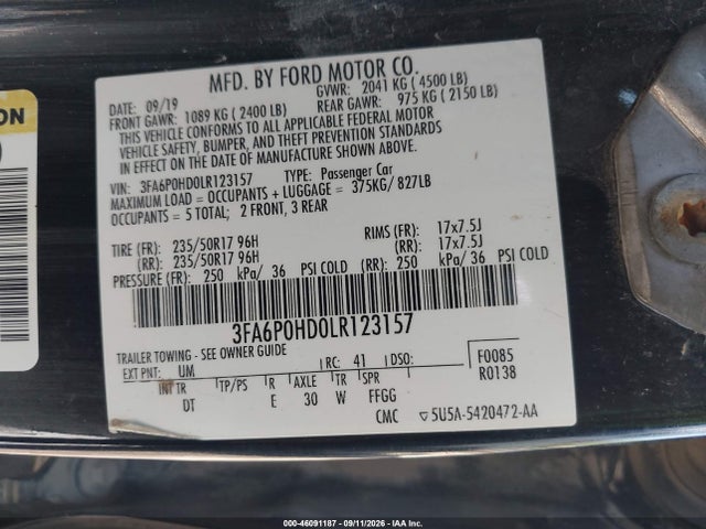 46091187 :رقم المزاد ، 3FA6P0HD0LR123157 vin ، 2020 Ford Fusion Se مزاد بيع