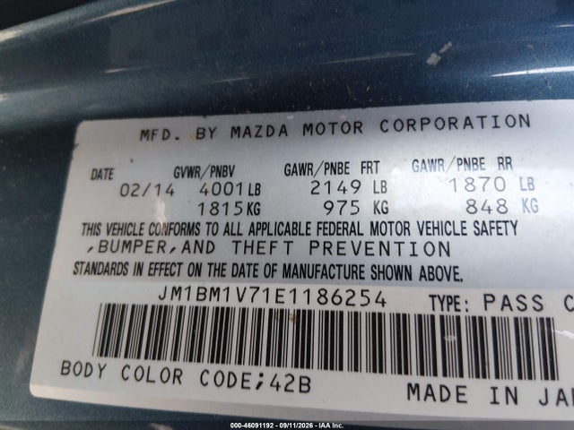 46091192 :رقم المزاد ، JM1BM1V71E1186254 vin ، 2014 Mazda Mazda3 I Touring مزاد بيع