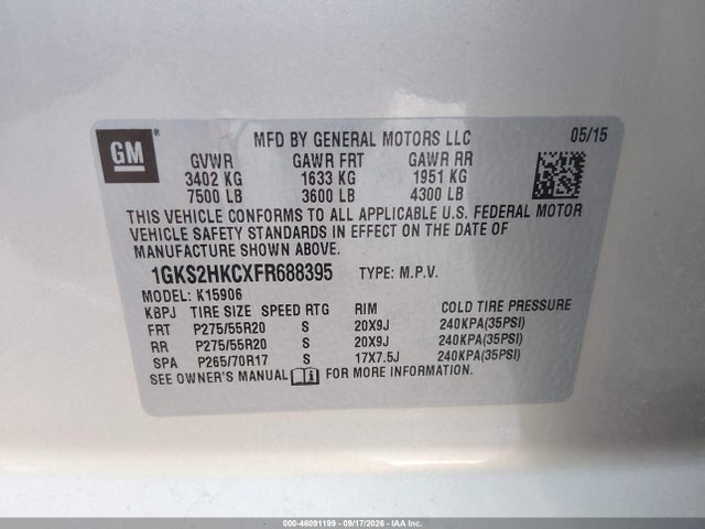 2015 Gmc Yukon Xl 1500 Slt მანქანა იყიდება აუქციონზე, vin: 1GKS2HKCXFR688395, აუქციონის ნომერი: 46091199
