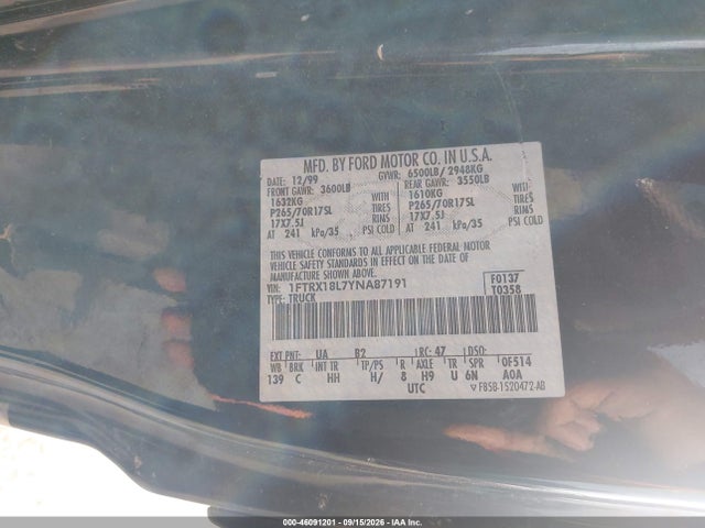 Aukcja sprzedaży 2000 Ford F-150 Lariat/work Series/xl/xlt, vin: 1FTRX18L7YNA87191, numer aukcji: 46091201