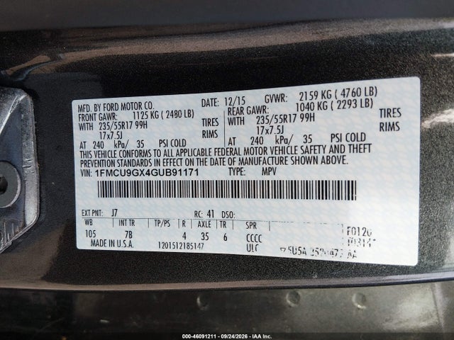 Продаж на аукціоні авто 2016 Ford Escape Se, vin: 1FMCU9GX4GUB91171, номер лоту: 46091211