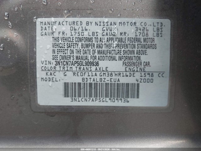 46091215 :رقم المزاد ، 3N1CN7AP5GL909936 vin ، 2016 Nissan Versa 1.6 Sv مزاد بيع