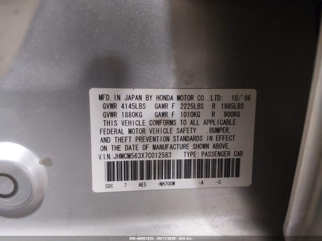 Aukcja sprzedaży 2007 Honda Accord 2.4 Se, vin: JHMCM563X7C012583, numer aukcji: 46091220