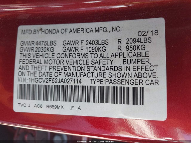 1HGCV2F52JA027114 Honda Accord Ex-l 2.0t