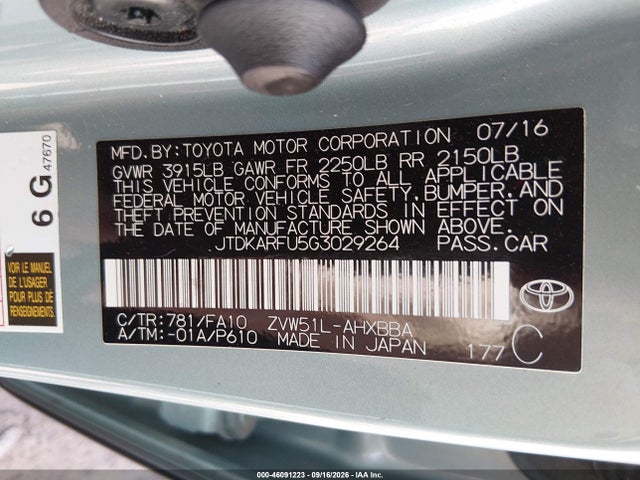 Aukcja sprzedaży 2016 Toyota Prius Two Eco, vin: JTDKARFU5G3029264, numer aukcji: 46091223