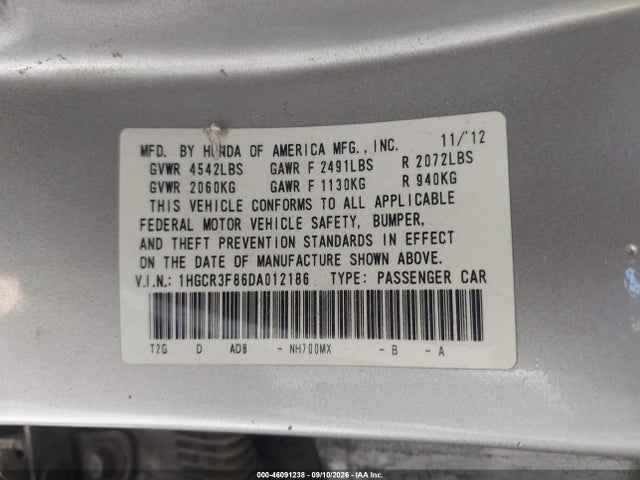 46091238 :رقم المزاد ، 1HGCR3F86DA012186 vin ، 2013 Honda Accord Ex-l V-6 مزاد بيع