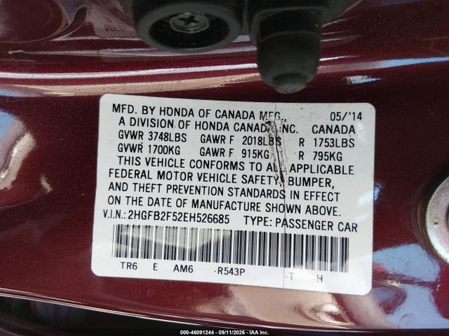 46091244 :رقم المزاد ، 2HGFB2F52EH526685 vin ، 2014 Honda Civic Lx مزاد بيع