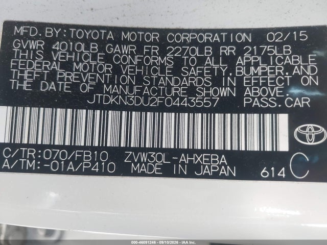 Toyota Prius Two 2015 JTDKN3DU2F0443557 Image 9