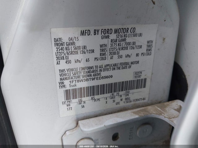 2015 Ford F-350 Lariat მანქანა იყიდება აუქციონზე, vin: 1FT8W3BT9FED55609, აუქციონის ნომერი: 46091251