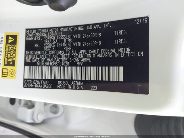 Aukcja sprzedaży 2017 Toyota Highlander Le Plus, vin: 5TDZZRFH3HS194028, numer aukcji: 46091255