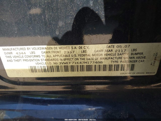46091256 :رقم المزاد ، 3VWEF71K47M177488 vin ، 2007 Volkswagen Jetta Wolfsburg Edition مزاد بيع