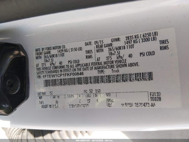 2015 Ford F-150 Xlt მანქანა იყიდება აუქციონზე, vin: 1FTEW1CP1FKF00846, აუქციონის ნომერი: 46091257