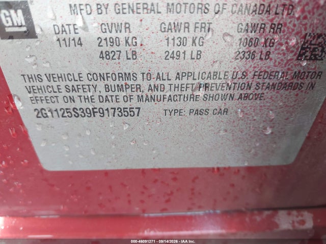 46091271 :رقم المزاد ، 2G1125S39F9173557 vin ، 2015 Chevrolet Impala 2lt مزاد بيع