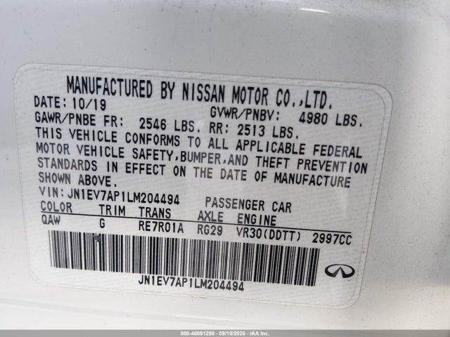 Продажа на аукционе авто 2020 Infiniti Q50 Luxe, vin: JN1EV7AP1LM204494, номер лота: 46091290