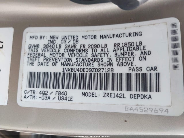 Aukcja sprzedaży 2009 Toyota Corolla Le, vin: 1NXBU40E39Z027128, numer aukcji: 46091295