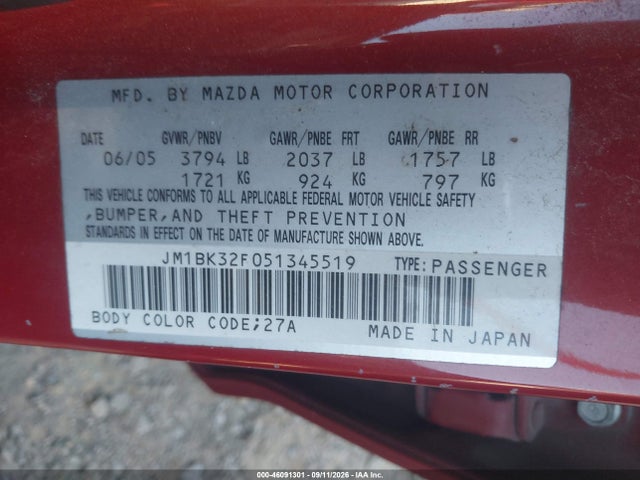 Продаж на аукціоні авто 2005 Mazda Mazda3 I, vin: JM1BK32F051345519, номер лоту: 46091301