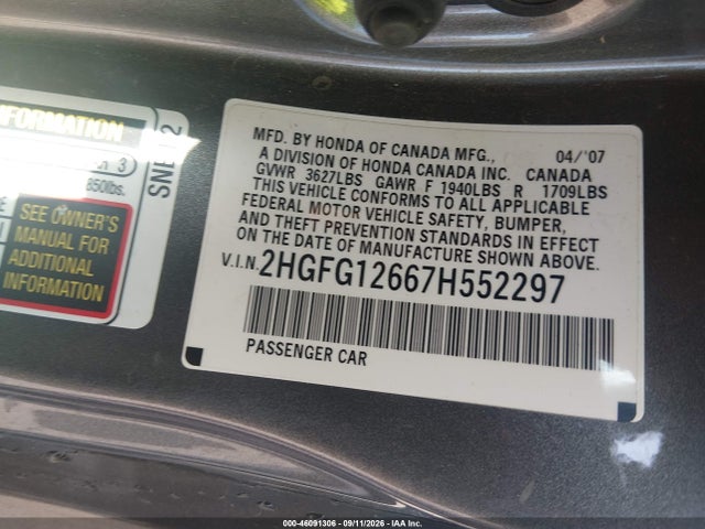 2007 Honda Civic Lx მანქანა იყიდება აუქციონზე, vin: 2HGFG12667H552297, აუქციონის ნომერი: 46091306